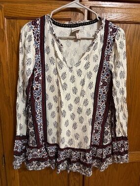 Knox Rose Cream Floral Border Long Sleeve Tunic with Burgundy and Navy Accents